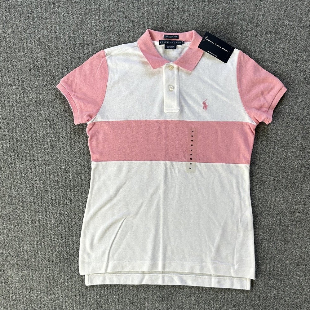 NWT Ralph Lauren Sport Skinny Polo Womens M Pink White Colorblock Shirt Vintage